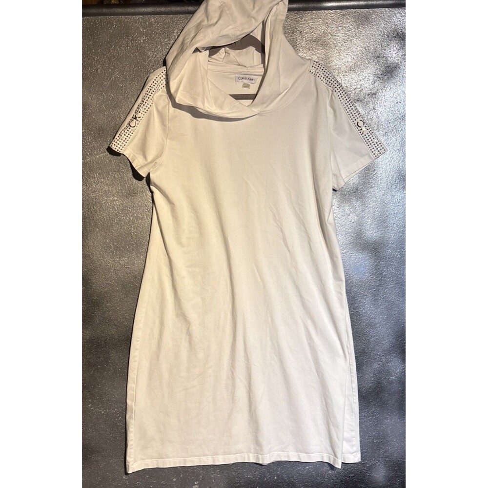Calvin Klein Rhinestones Logo Hoodie White T Shirt Dress Sz XL Short Sleeve